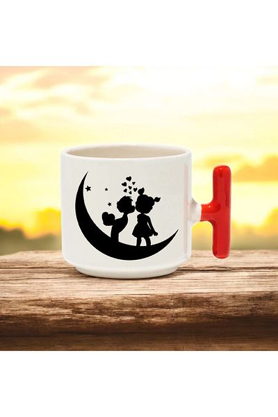 BB TRADE Valentine's Black Moon Designed Red t Handled Ceramic Printed Mug Cup 250 ml