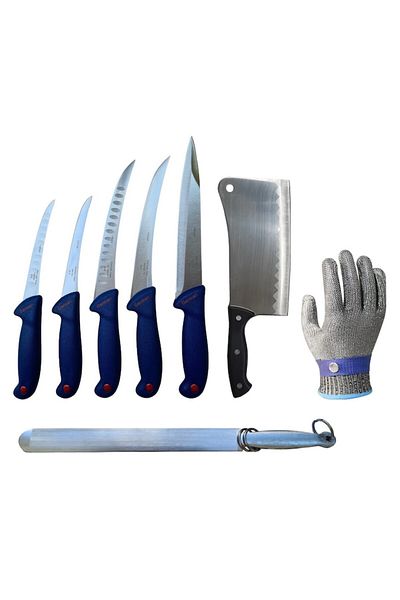 Globalport Retail Professional butcher set, 8 pieces, boning, filleting, slaughtering knives, cleaver, file and anti-stain glove