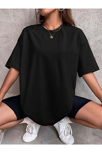 DUBU BUTİK Απλό Basic T-Shirt - Μαύρο Oversize Crew Neck Κοντό μανίκι