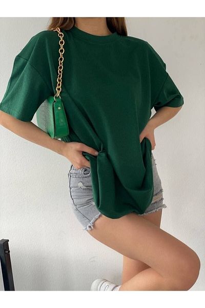 DUBU BUTİK Plain Basic T-shirt - Emerald Green Oversize Crew Neck Short Sleeve T-Shirt