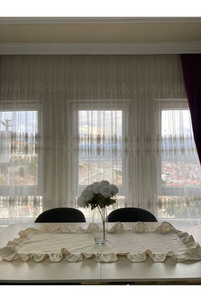 Kayasoft Buldan Işi Natural Vintage Runner Fırfırlı Keten Runner Sehpa Örtüsü 40x115