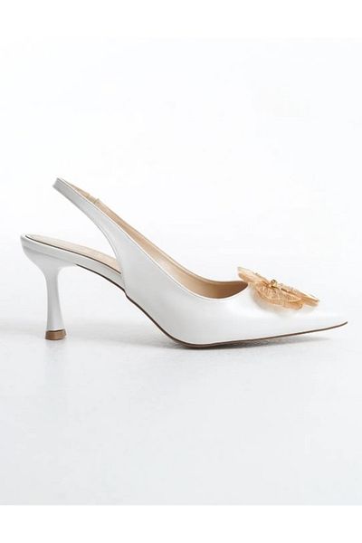KOCAMANLAR Feles Yellow Rose Detailed Open Back Stiletto Women's Heeled Shoes White