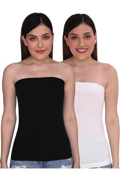 Glamroot Women's/Girl's Strapless Stretchable Long Bandeau Tube Top Camisole Pack Of 2, Free Size