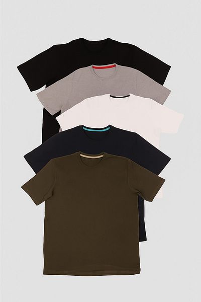 FATELLA Men's 5-Piece T-Shirt Pack Saks Claret Red Navy Blue Black White Comfort Crew Neck Short Sleeve T-shirt