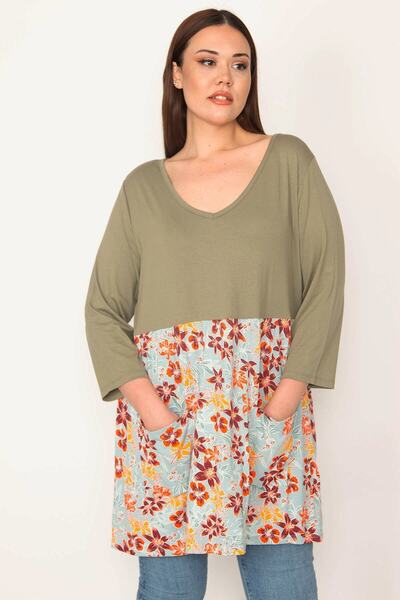 Şans Жіноча сукня-туніка великого розміру хакі з принтами та кишенями 65n32889