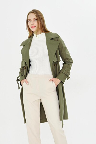 PASTELASTORE Haki Yeşili Esnek Pamuk Gabardin Midi (95CM) Astarsız Kadın Trençkot 1118