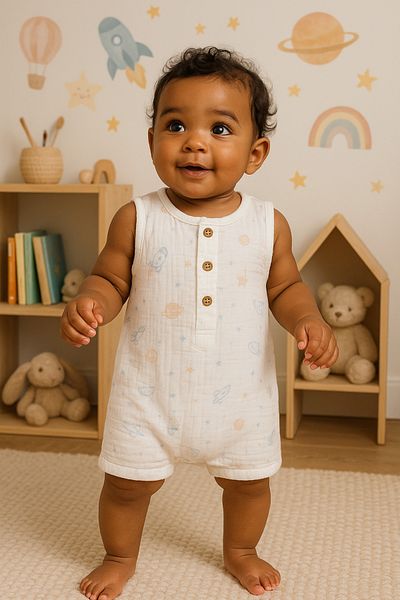 Bubbles 100% Organic Cotton Space Pattern Muslin Fabric Summer Baby Jumpsuit