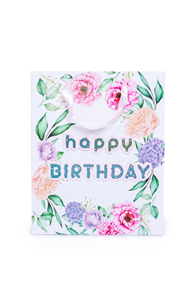 Sarkap Home Özel Tasarım Çiçekli Happy Birthday Hediyelik Karton Çanta