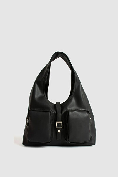 Wuclo حقيبة كتف بجيب مزدوج وسحاب ومشبك من سيفرا باللون الأسود