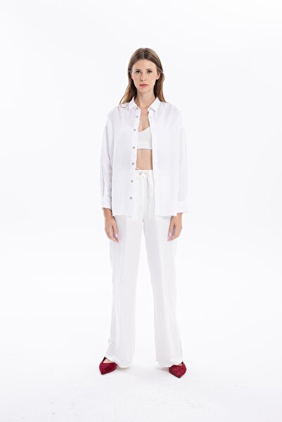 GMG FIRENZE Γυναικείο υφαντό παντελόνι oversized με λεπτομέρεια τσέπης με κορ...