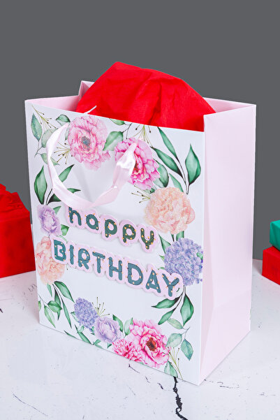 Sarkap Home Özel Tasarım Çiçekli Happy Birthday Hediyelik Karton Çanta