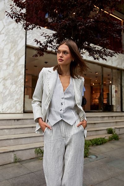 Arma Life Women's Elastic Waist Striped White Baggy Trousers