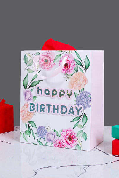 Sarkap Home Özel Tasarım Çiçekli Happy Birthday Hediyelik Karton Çanta