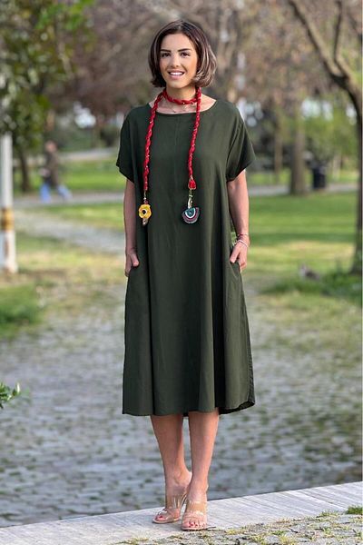 Nevin Kaya Moda Φόρεμα από βαμβακερό χακί χρώματος πέρλα