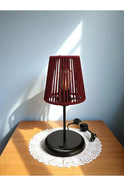 CONANA Lyris - Macrame Lampshade, Mini Table Lamp (Burgundy Headboard, Black Leg)