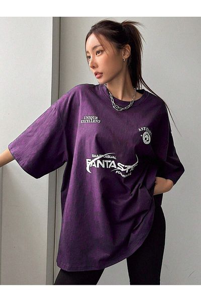 DUBU BUTİK Fantastic Single Jersey T-Shirt - Purple Printed Oversize Crew Neck T-Shirt