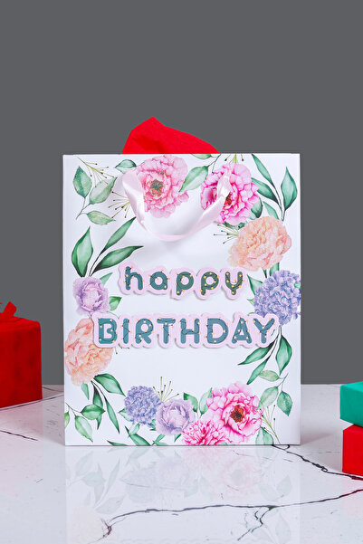 Sarkap Home Özel Tasarım Çiçekli Happy Birthday Hediyelik Karton Çanta