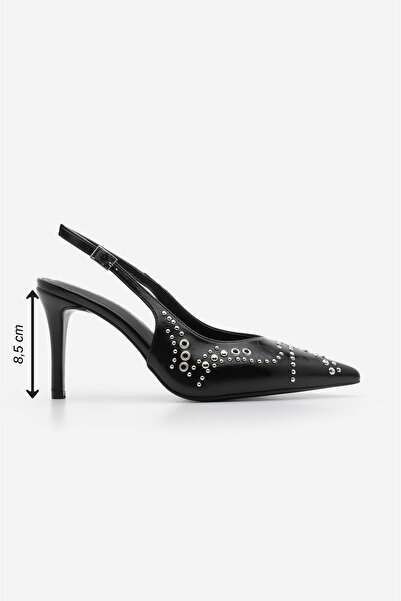 Marjin Women's Stiletto Pointed Toe Trock Studded Open Back Scarf Heeled Shoes Lorfi Black