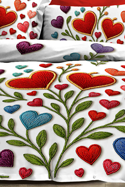 MonoHome %100 PAMUK Ranforce Çeyizlik Luxury 5D Dijital Çift Kişilik Nevresim Takımı Embroidered heart