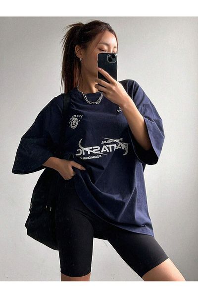 DUBU BUTİK Fantastic Single Jersey T-Shirt - Navy Blue Printed Oversize Crew Neck T-Shirt
