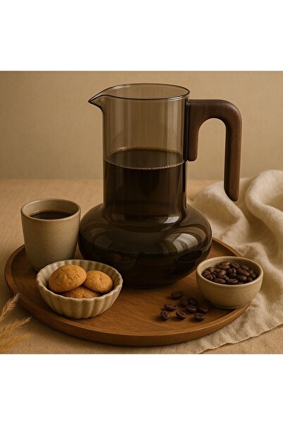 morponi Borosilikat Cam Akasya Saplı Luna Smoke Sürahi 1200 Ml