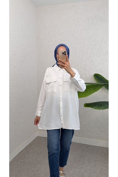 Modamorfo Cămașă cu guler și buzunare din dantelă - albă