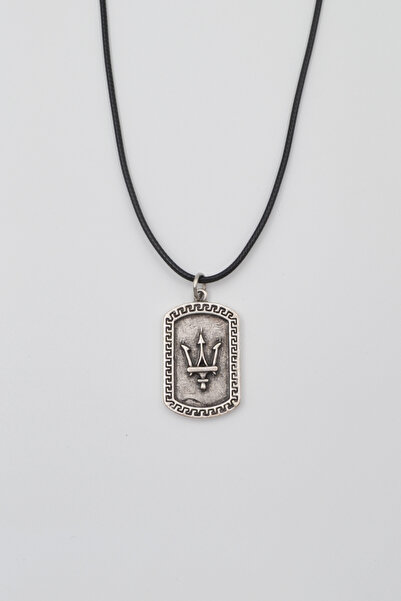 Bu Farklı Poseidon - Mızrak Künye Kolye Deri İp Kolye Gümüş Kaplama Erkek Kad...