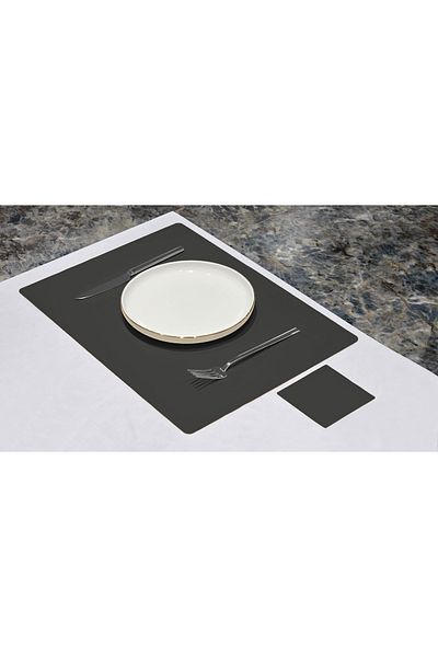 ASDİVA Ellipse Faux Leather Rectangular Cut American Service Supla 4 Piece Placemats for 2 People - Anthracite