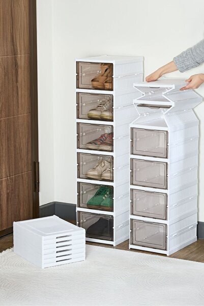 Myend Dulap modular pentru pantofi, set de 6 cutii de pantofi albe, cu capac, stivuibile Eh-303