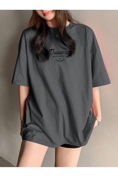 DUBU BUTİK Thousand Single Jersey T-Shirt - Smoke Printed Oversize Crew Neck T-shirt με κοντό μανίκι