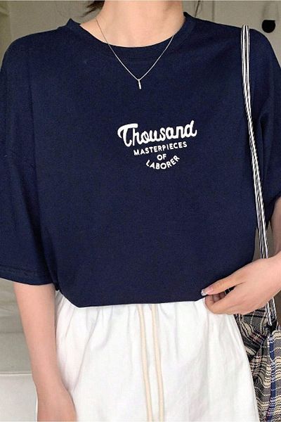 DUBU BUTİK Thousand Single Jersey T-Shirt - Navy Blue Printed Oversize Crew Neck Short Sleeve T-Shirt