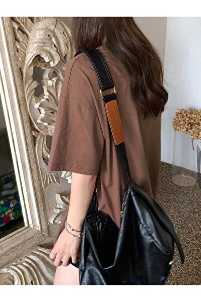 DUBU BUTİK Thousand Single Jersey T-Shirt - Brown printed Oversize Crew Neck κοντομάνικο T-shirt