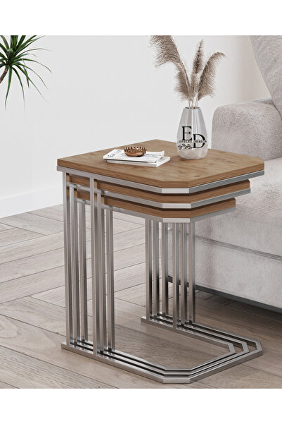 ED Efelez Design Zigon Sehpa , Lyon 3'lü C Zigon Sehpa Takımı , Gümüş Metal -...