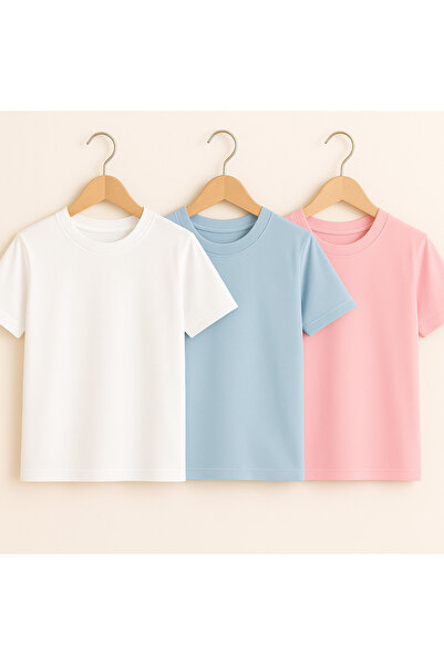 Hilal Akıncı Kids Tricou de bază cu gât rotund alb-roz-albastru din 3 piese