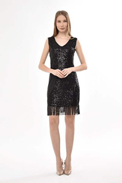 Asees Etekleri Püsküllü Payet Elbise