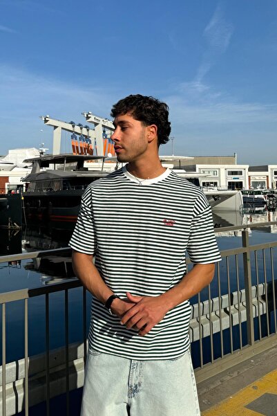 Flaw Wear Μίνιμαλ κεντημένο ριγέ μπλουζάκι πράσινο