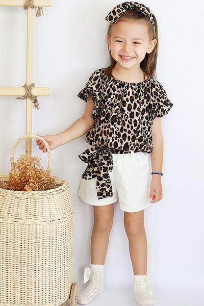 Parla Kids Baby Girl Viscose Leopard Madonna Collar Shorts Bandana Bottom Top Set