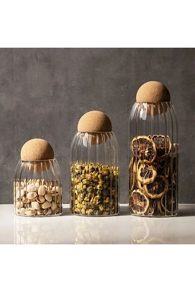 Meralles Set of 3 Glass Jars - Natural Cork Lid, Glass Dry Food Kitchen Storage Container, Spice Rack