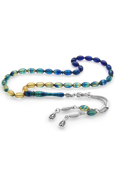 Tesbihane Kararmaz Metal Su Damlası Püsküllü Arpa Kesim Süzme Mavi-beyaz Ateş Kehribar Tesbih