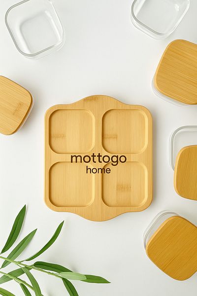 Mottogo 4-Piece Breakfast Set with Bamboo Tray and Lid