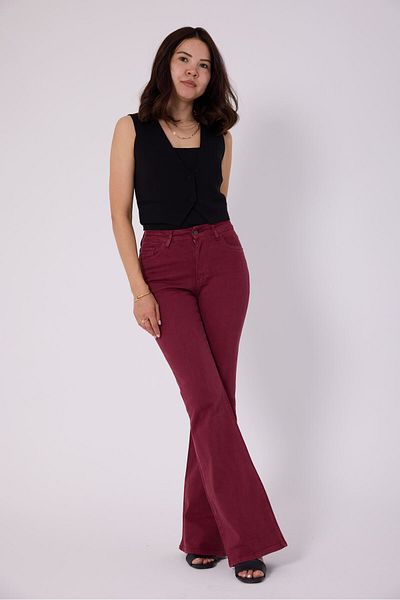 CRC JEANS Women's Denim Jean Burgundy Flare Lycra High Waist Flared Trousers