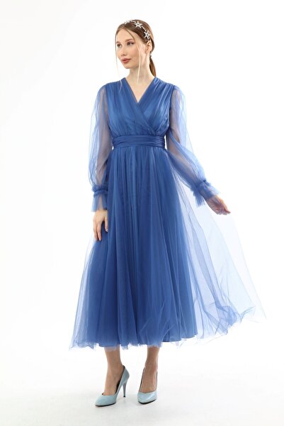 Asees Γυναικείο βραδινό φόρεμα - Διπλό στήθος, κομψό και μακρυμάνικο τούλι φό...