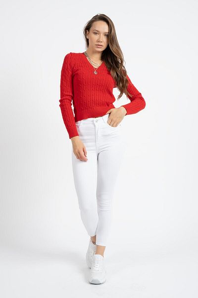 RTD&VLD Women's Vt113 V-Neck Knitted Pattern Knitwear Sweater Red