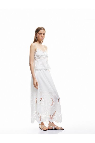 Koton Cotton Lined Brode Detailed Scalloped Midi Flared Skirt