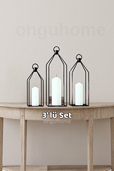 ongu home Dekoratif 3'lü Set Ferforje Kafes Fener Mumluk Metal Şamdan
