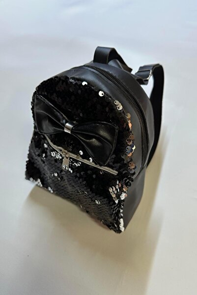 Hobigram Black Sequin Leather Girl's Bag with Bow Tie Detail Children's Clothes Children's Accessory Backpack