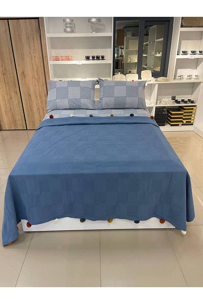Sudemhome Double Pompom Dowry Cotton Boxed Pique Set Indigo