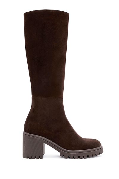 Derimod Women's Brown Zippered Thick Heeled Suede Leather Boots 24Wfd 202410