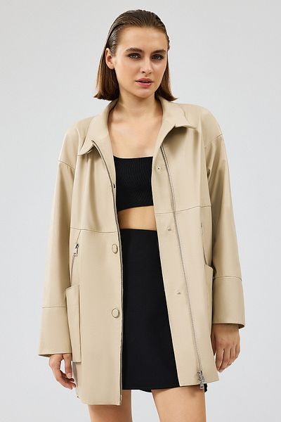 Derimod Women's Oversize Cream Leather Jacket - Dalida 24Wgd5212U4