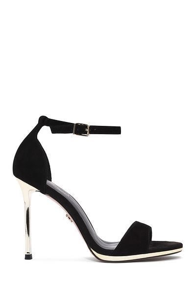 Derimod Women's Black Ankle Strap Thin High Heel Suede Leather Shoes 24Wfd 490010